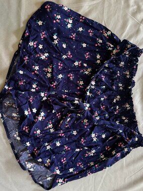 Goldspark Women's Floral Flowy Shorts Blue Size XL Elastic Waist Tie Belt New